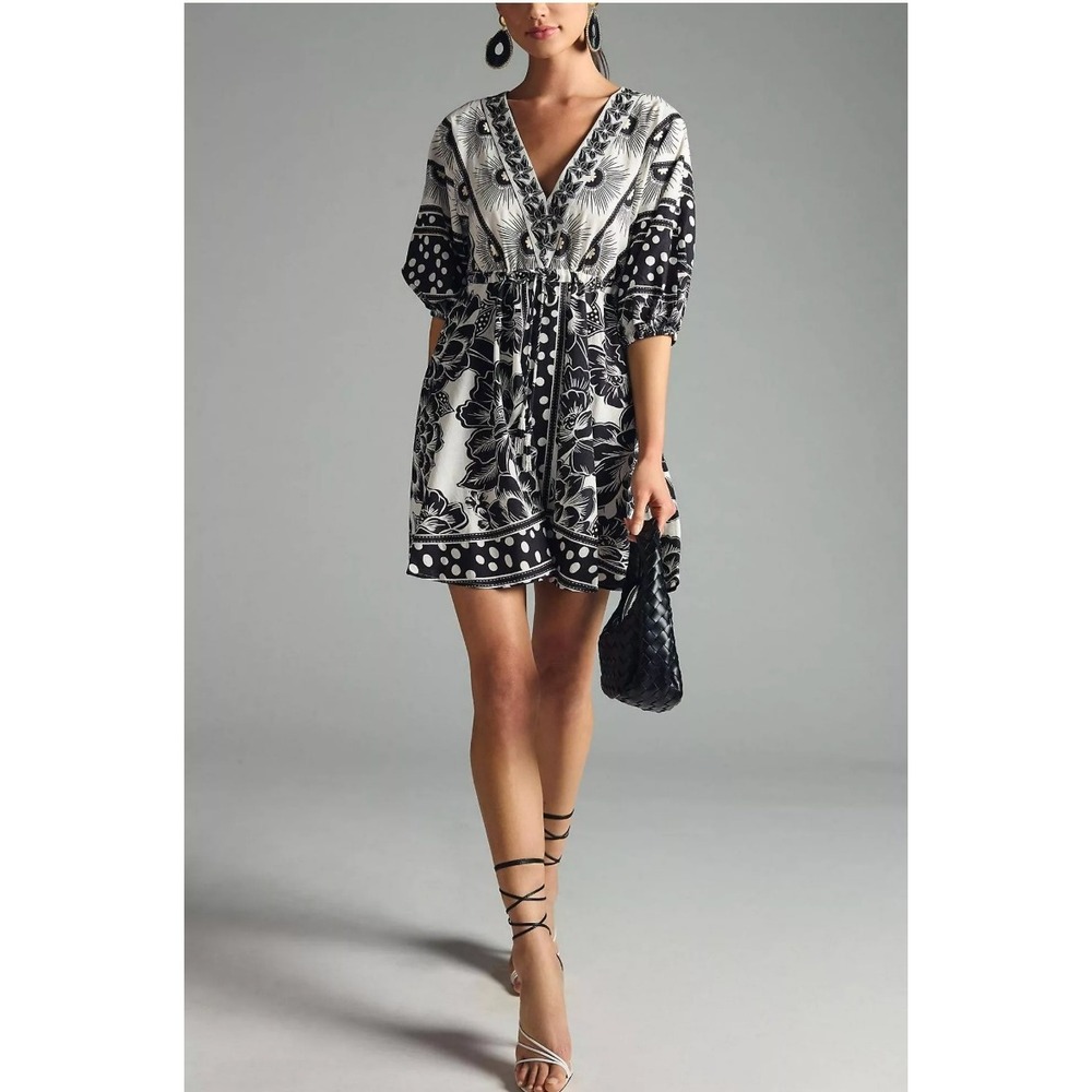 FARM Rio Floral Polka Dot Mini Dress Large Black White Puff Sleeve Linen Blend